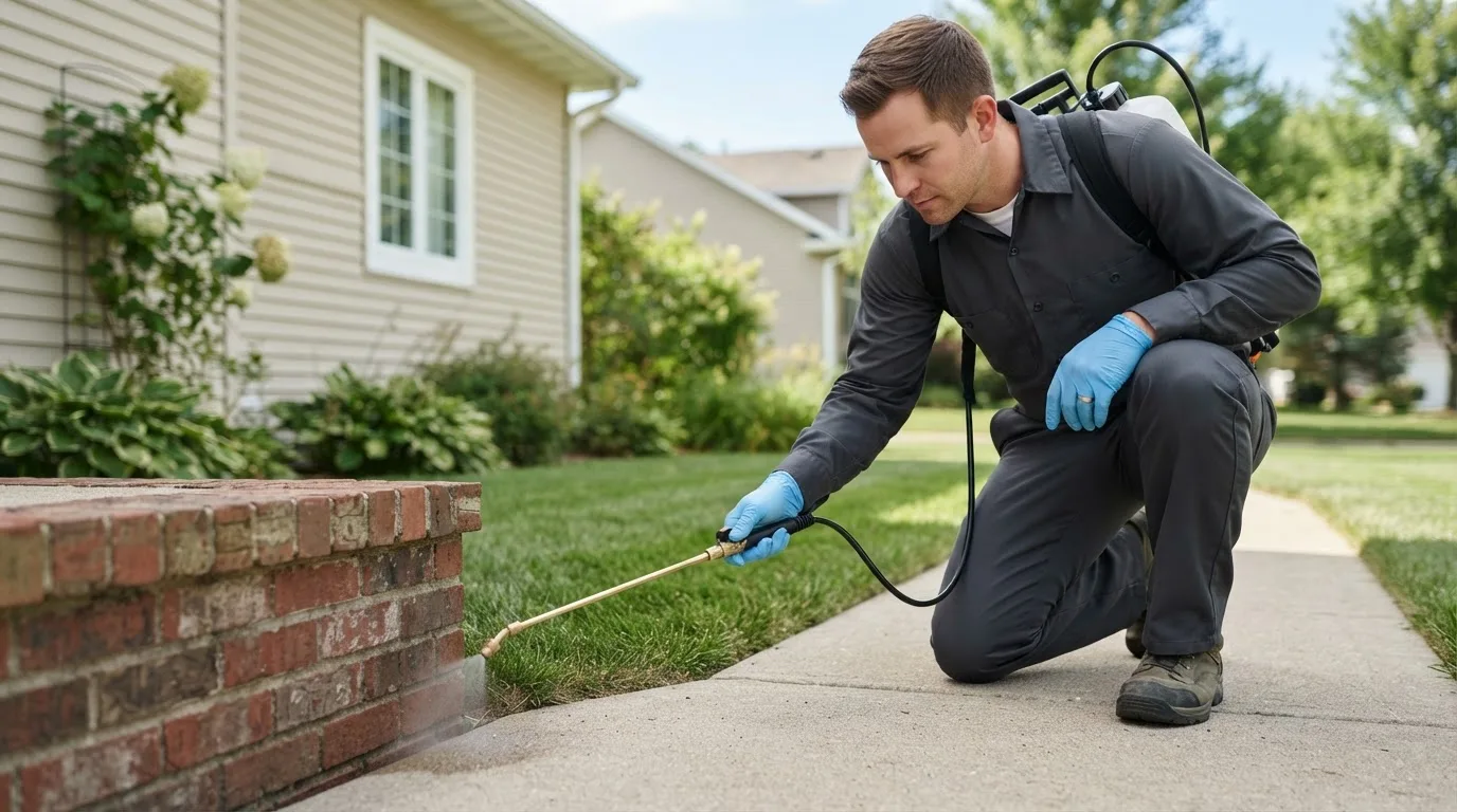 Pest control technician treating a home near Barnum, IA