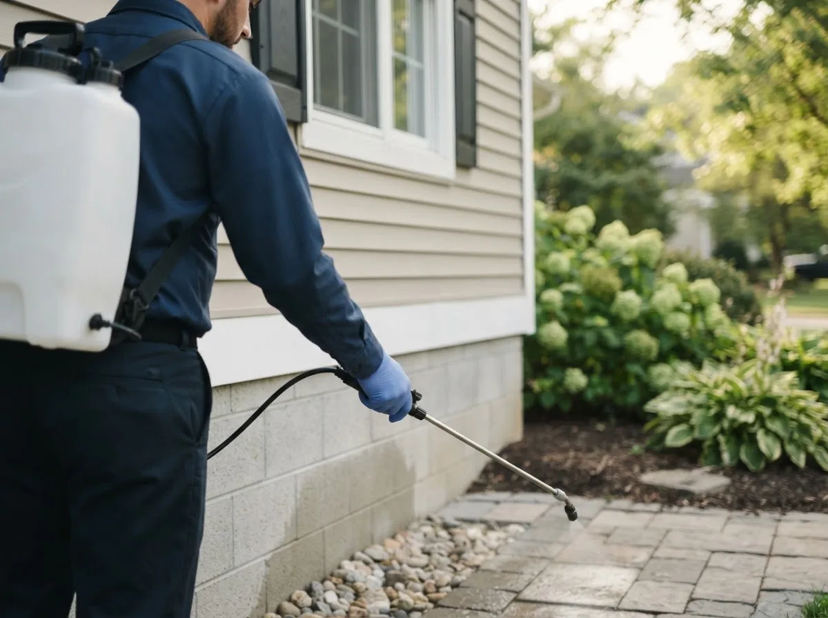 Pest control technician inspecting a home in Barnum, IA